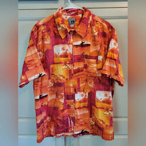 Quicksilver Orange Red Full Zip Hawaiian Shirt